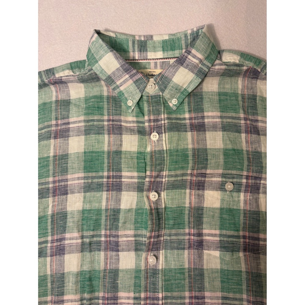 Weatherproof Vintage Mens Large Green Plaid Washable Linen Short Sleeve Shirt
